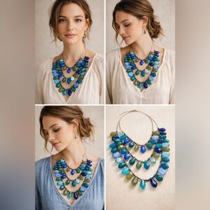 Vintage Blue Green Multi Strand Bib Statement Necklace Glass Teardrop Boho